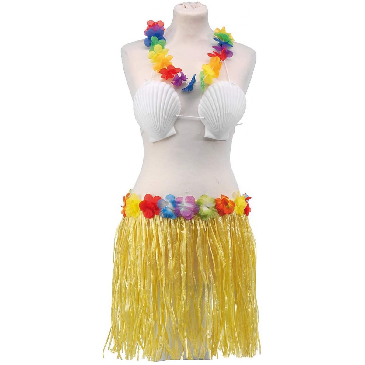 Costume hawaiano, 4 pz, con gonna, collana, reggiseno con conchiglie e  fermaglio