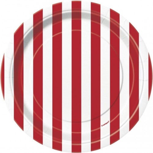 Set da 8 piatti strisce rosse e bianche da 18 cm, in cartoncino e PVC