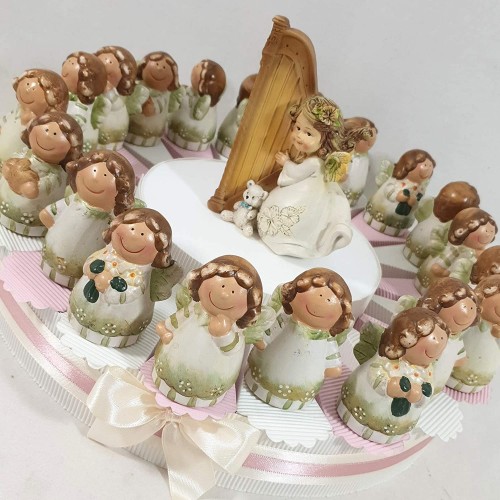 Torta di bomboniera con angeli in ceramica, 21 bomboniere incluse